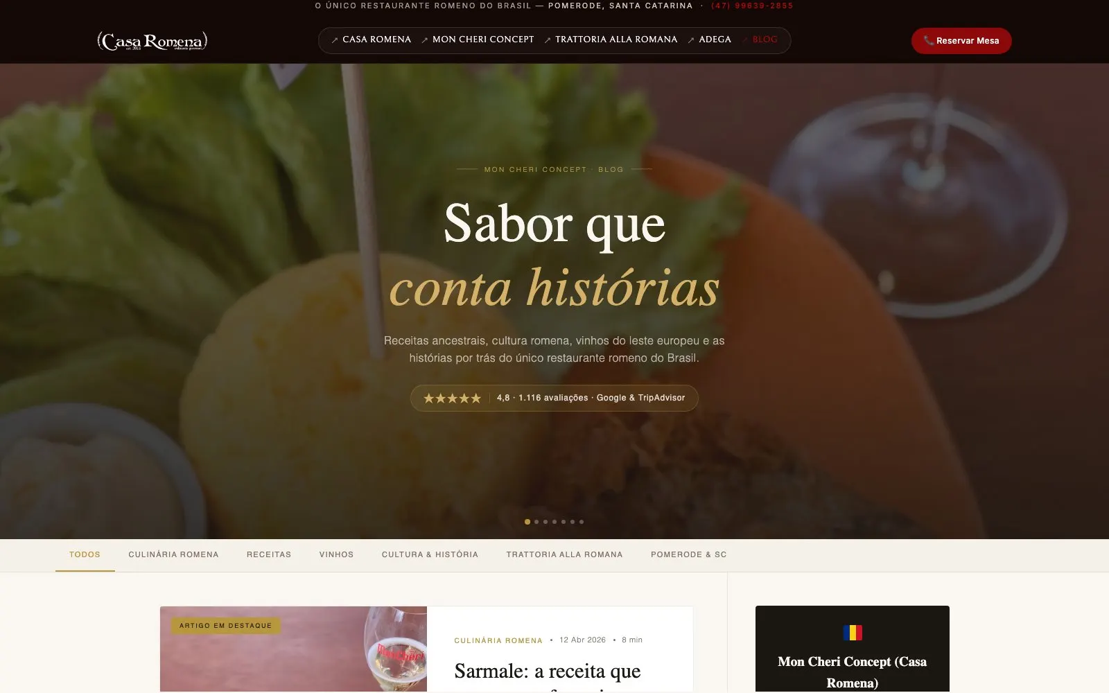 Blogseite eines unserer Restaurants mit Titelbereich über einem Speisenfoto, Bewertungshinweis und Artikelübersicht